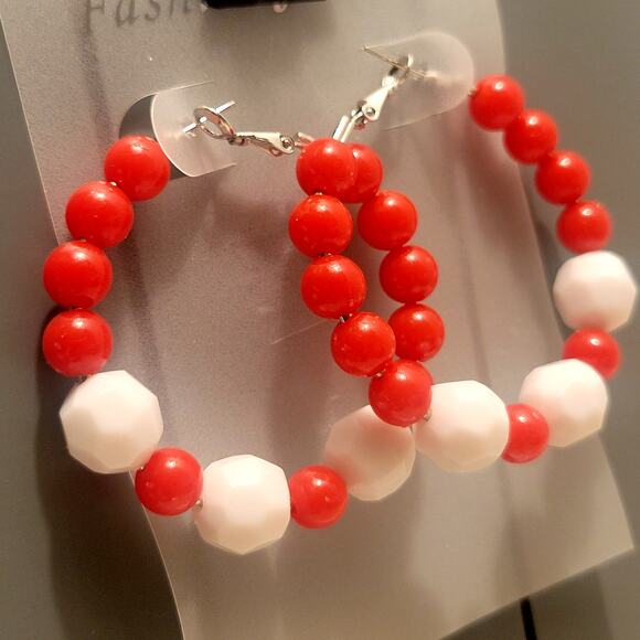 Red White Hoop Earrings 2" Retro Bold Funky Y2K Festival Pierced 80's Acrylic - Picture 6 of 6